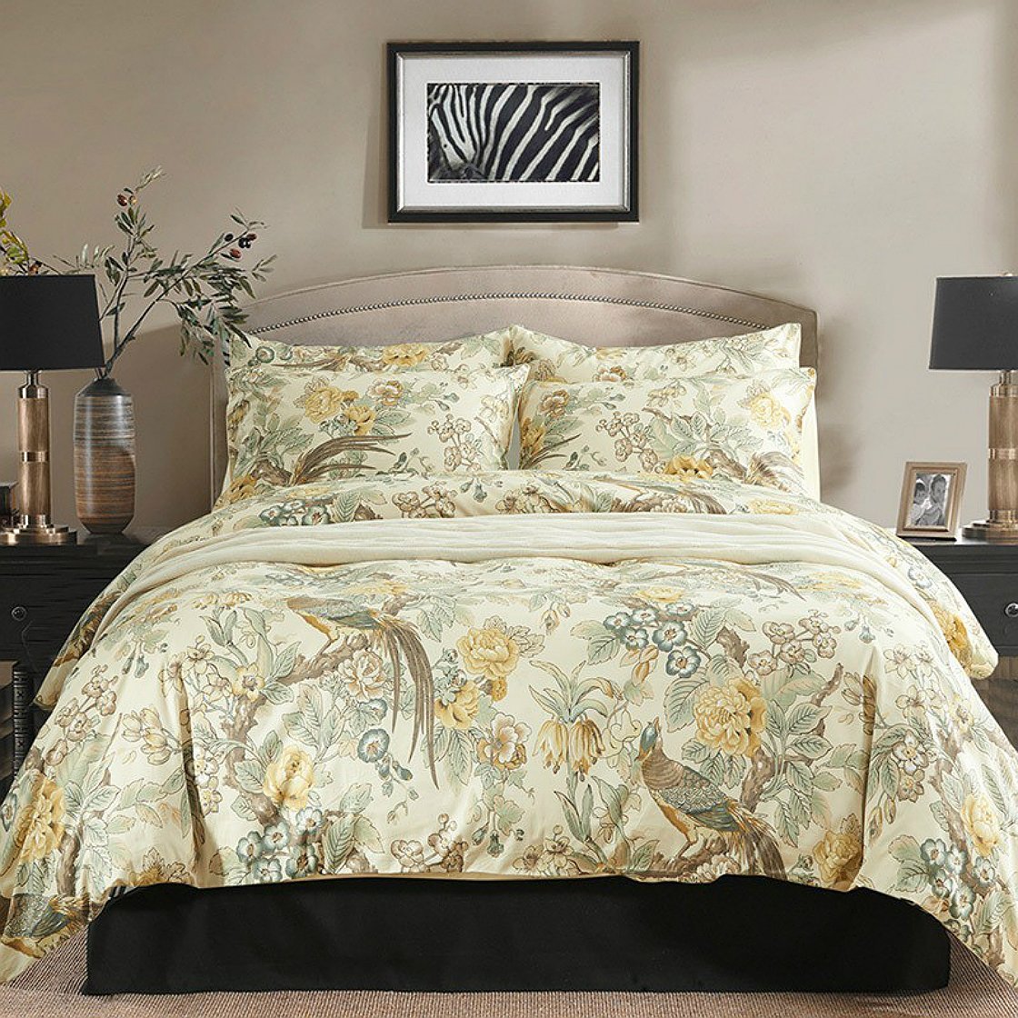 Chinoiserie Chic Peacock Floral Duvet Cover Paradise Garden Botanical Bird  and Tree Branches Vintage Bedding Set Muted Yellow