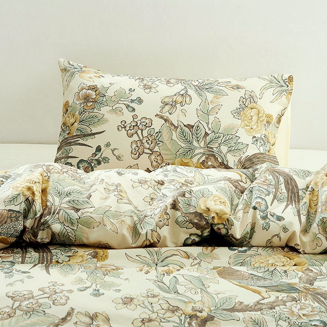 Oversized King, Citrine Eikei Home Chinoiserie Chic Peacock Floral Duvet Cover Paradise Garden Botanical Bird and Tree Branches Vintage Stylized Long Staple Cotton Bedding Set 