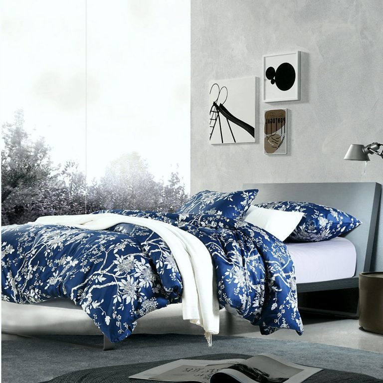 Eastern Floral Chinoiserie Blossom Print Duvet Cover Navy Blue Tan