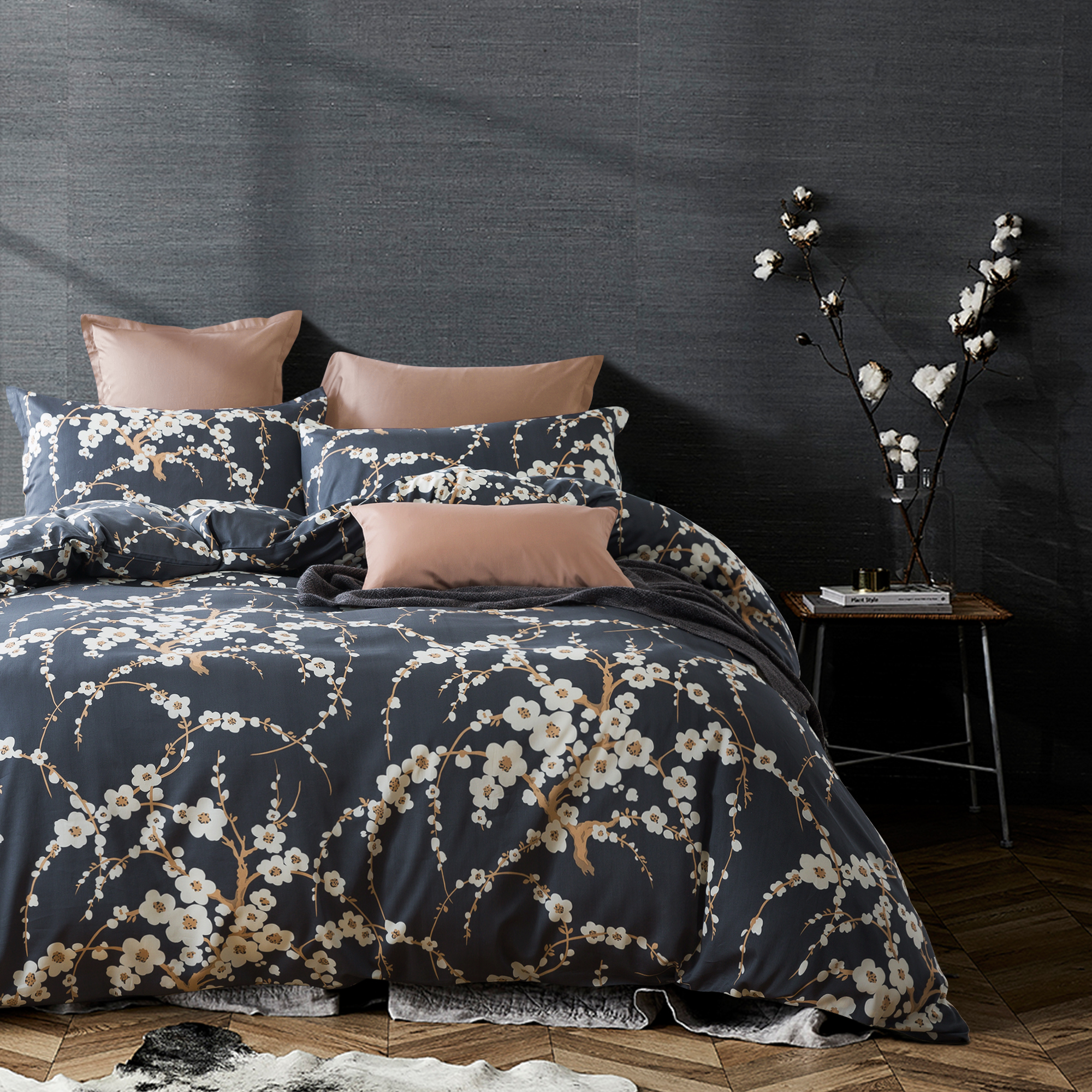 Japanese Oriental Style Cherry Blossom Floral Branches Print Duvet Cover  400tc Cotton Bedding Set Charcoal Grey