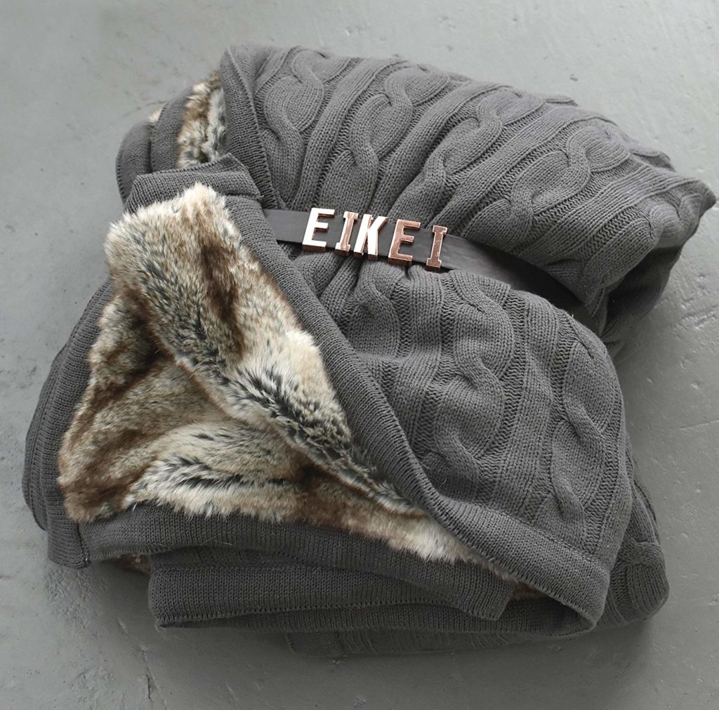 Luxury Cable Knit Throw with Faux Fur Reverse Knitted Cozy Blanket in Charcoal and Chinchilla