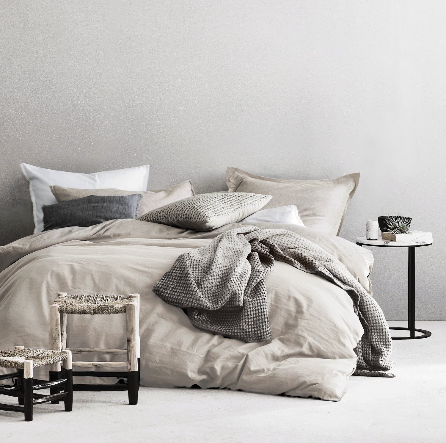 Copripiumino In Cotone Lavato Eikei Home, Colore Solido, Effetto Vissuto, Con 2 Federe, Taglia King, Blu Navy/grigio