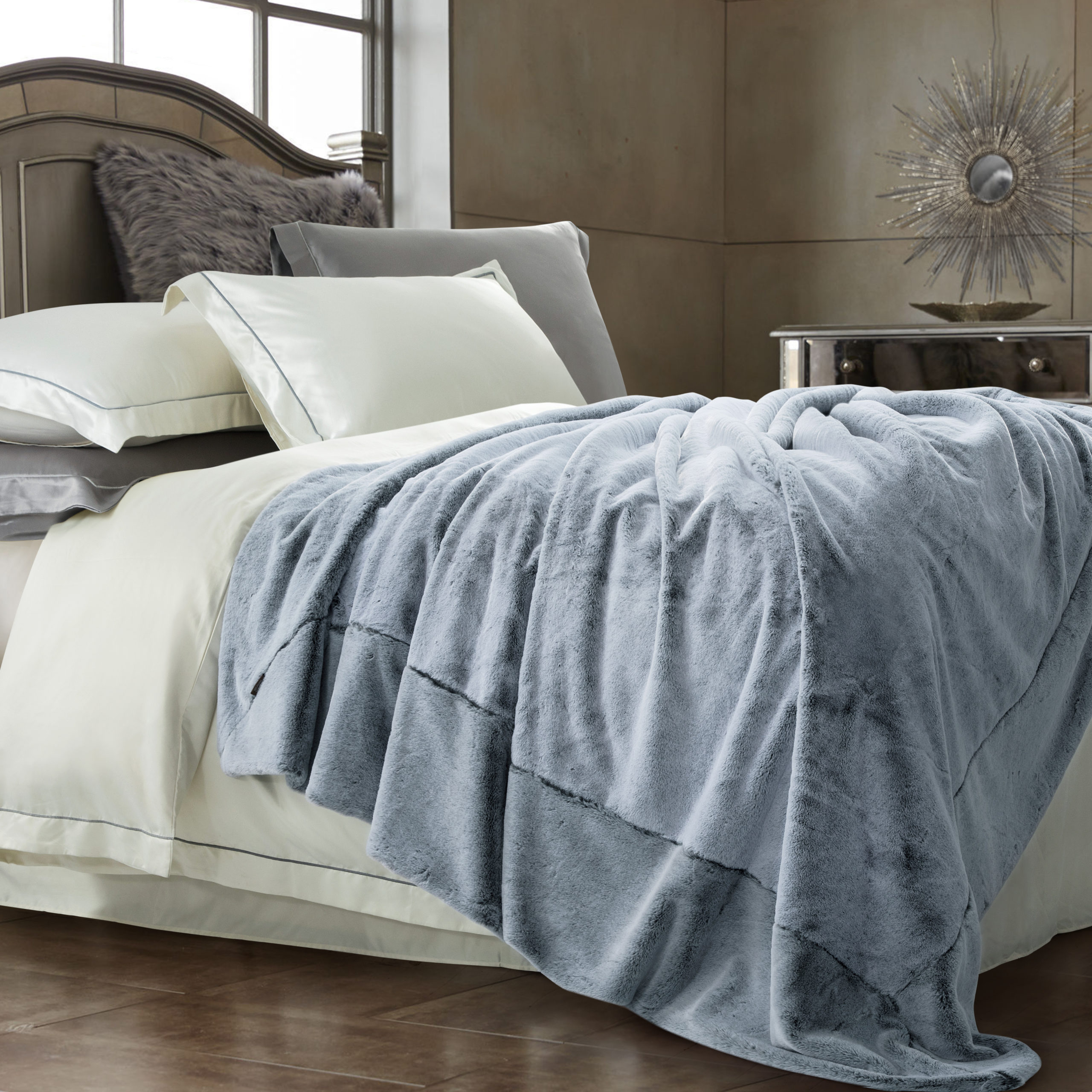 Luxurious Silky Soft 100% Faux Chinchilla Striped Fur King Queen Comforter Set 