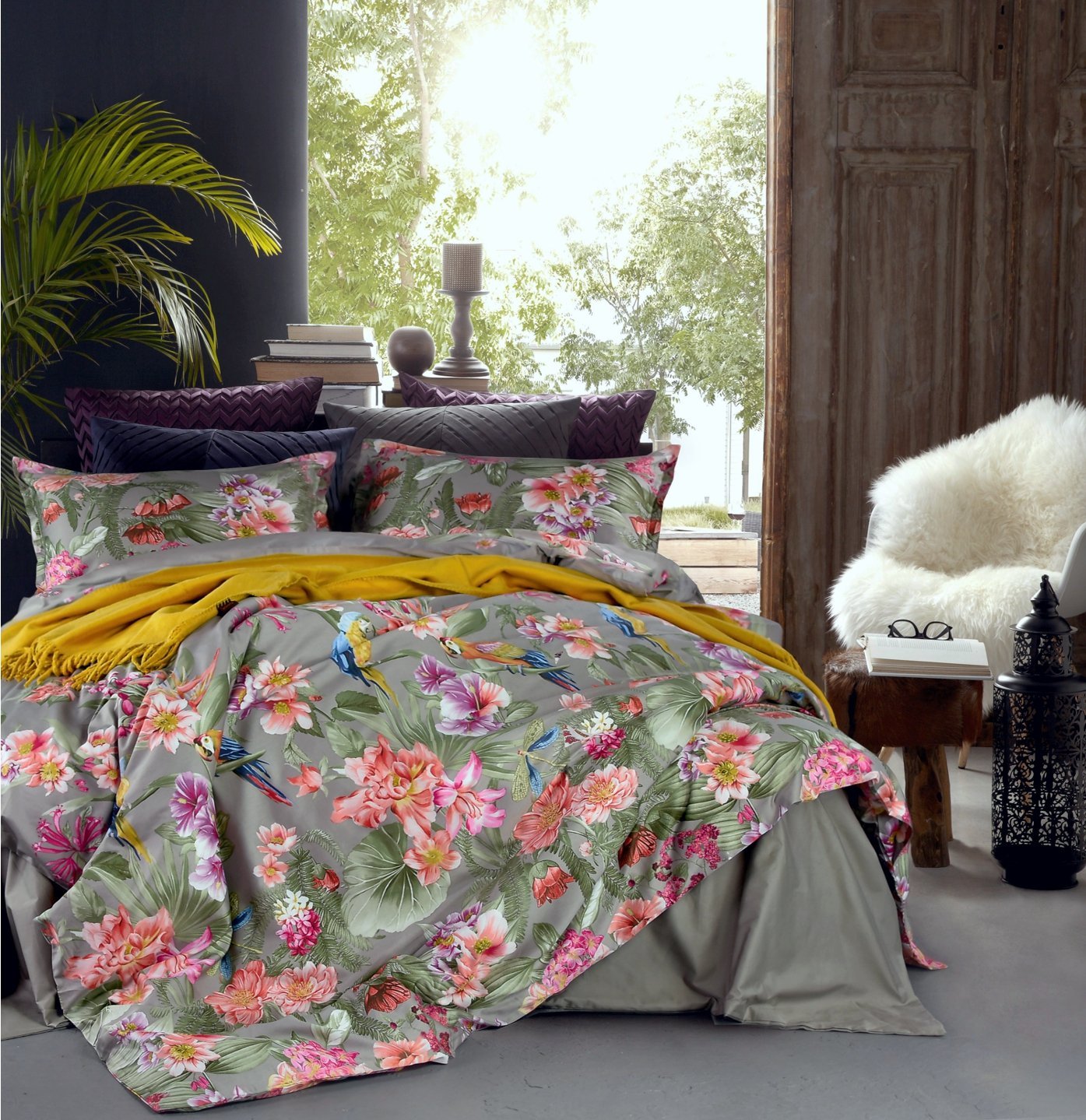 Tropical Vintage Botanical Flower and Bird Print Bedding 400tc Cotton  Sateen Romantic Floral Scarf Duvet Cover Set Colorful Antique Drawing of  Exotic 