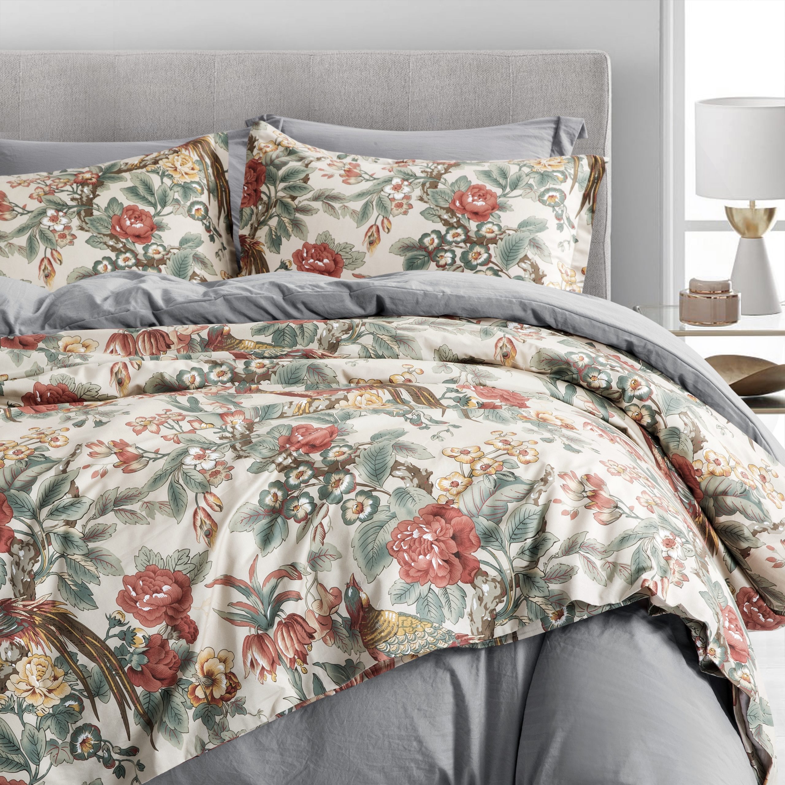 Chinoiserie Chic Peacock Floral Duvet Cover Paradise Garden Botanical Bird  and Tree Branches Vintage Bedding Set Autumn Red