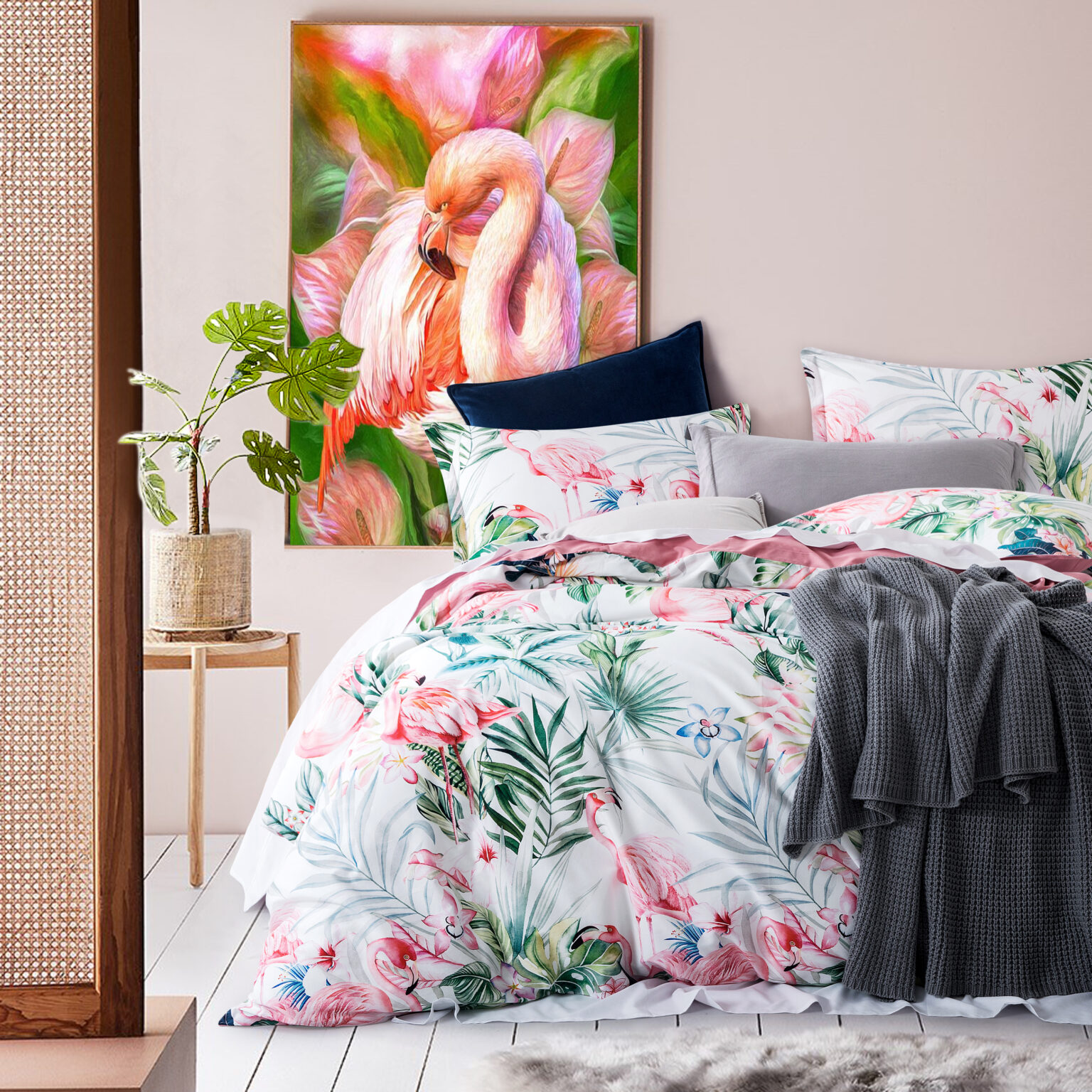 Tropical Flamingo Bird Print Bedding 400tc Cotton Sateen Romantic Floral Rainforest Scarf Duvet