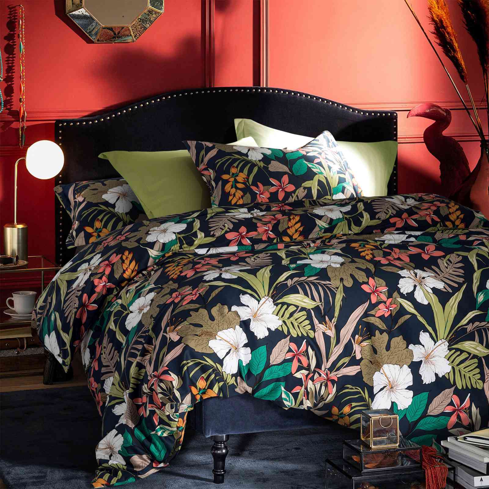 Eikei Botanical Garden Duvet Cover Set - 100% Brushed Cotton, Asian Tropical Floral Pattern (Queen, Marsala) - View #8