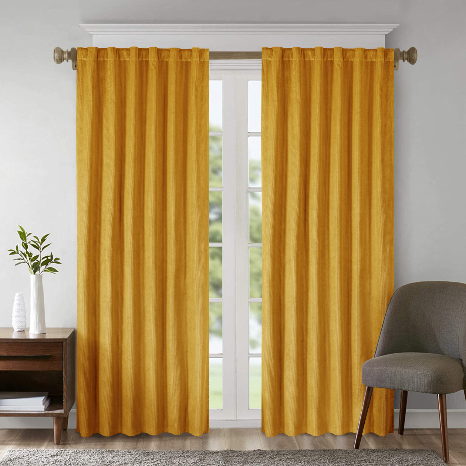 Corduroy Velvet Cotton Luxury Window Curtains 2pc Set Mustard [eikei]