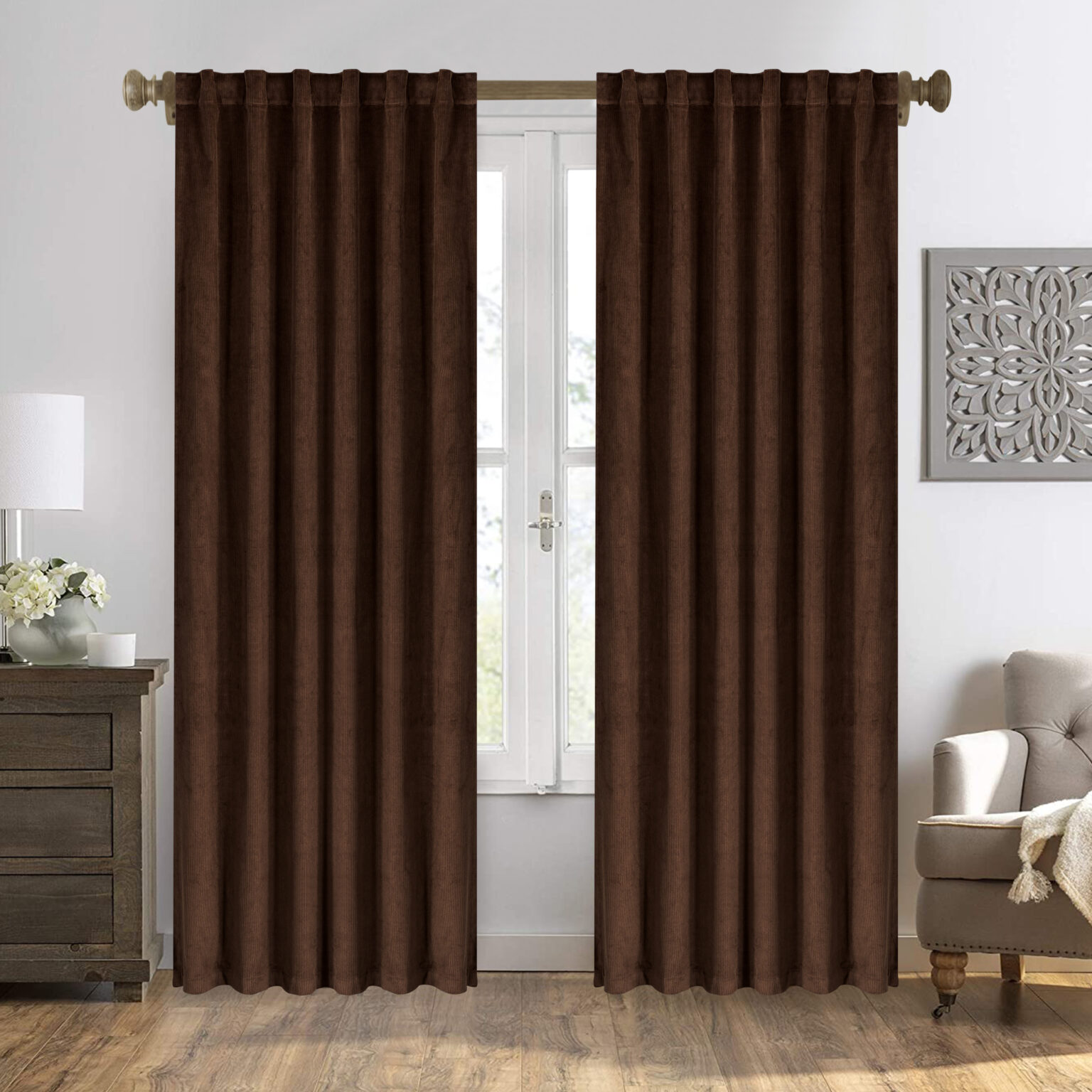 Corduroy Velvet Cotton Luxury Window Curtains 2pc Set Coffee Brown
