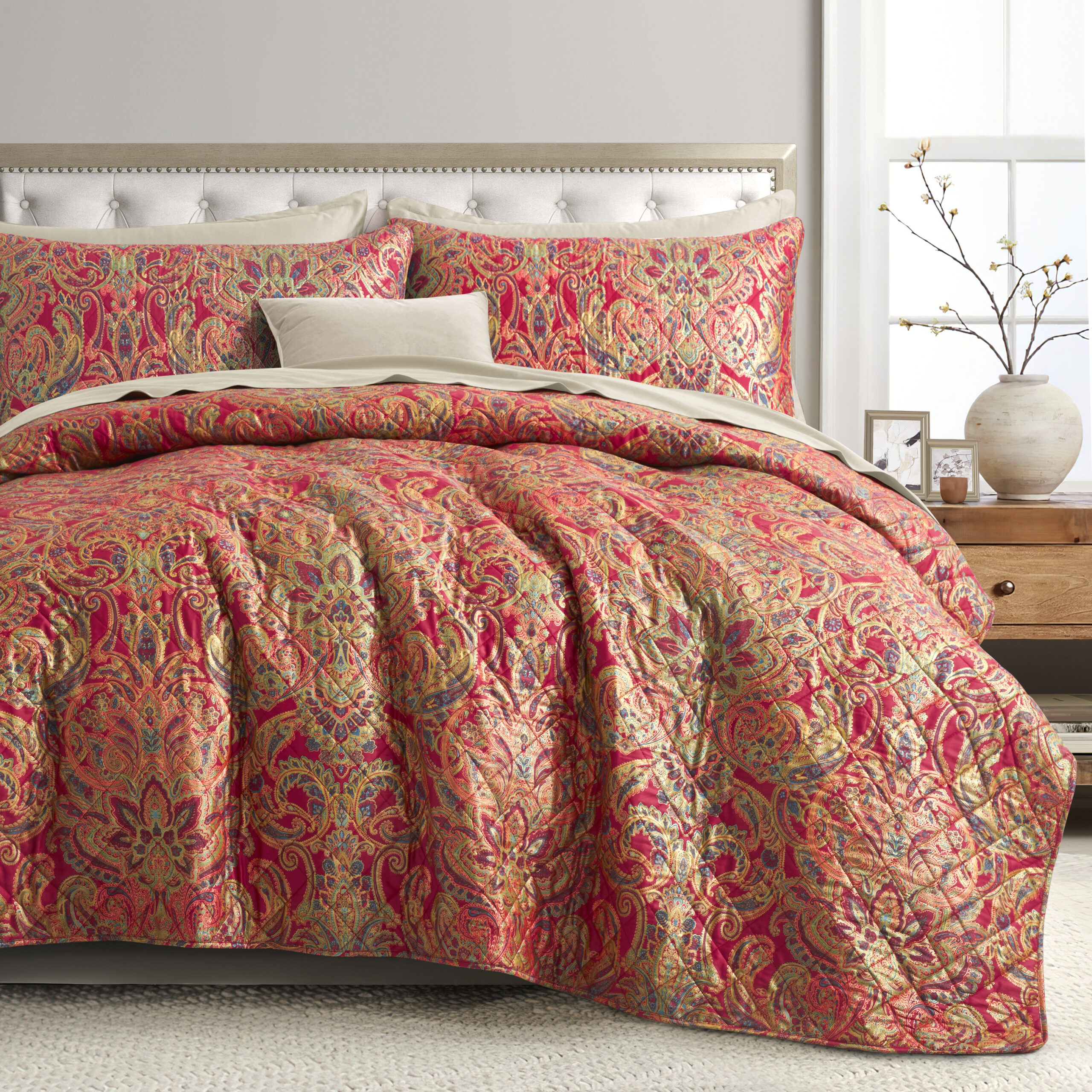 samfund accent inkompetence Classical Paisley Print Luxury Quilt and Shams Puff Bedding Set Bohemian  Damask Medallion Bedspread Cotton Sateen Coverlet Bothe Red Gold – [eikei]